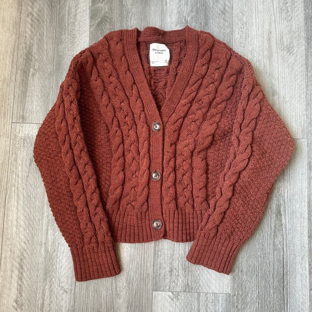 Abercrombie & Fitch Rust Cable Knit Cropped Cardigan Sweater Womens M - Picture 1 of 5